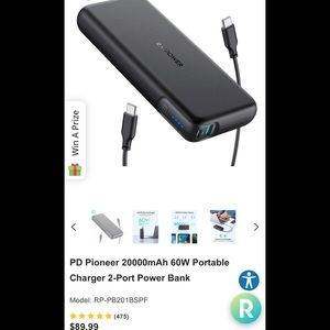 Ravpower Pioneer 20000mAh 60W Portable Charger 2-Port Power Bank